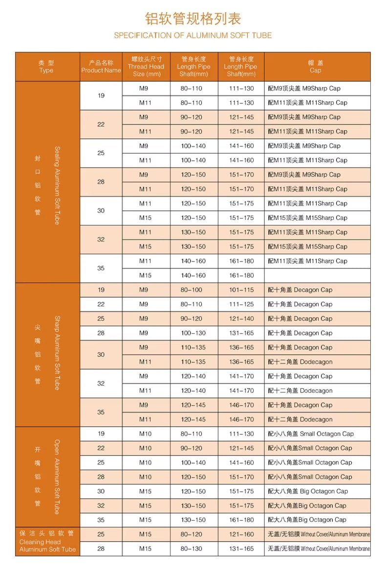 size of aluminum tubes